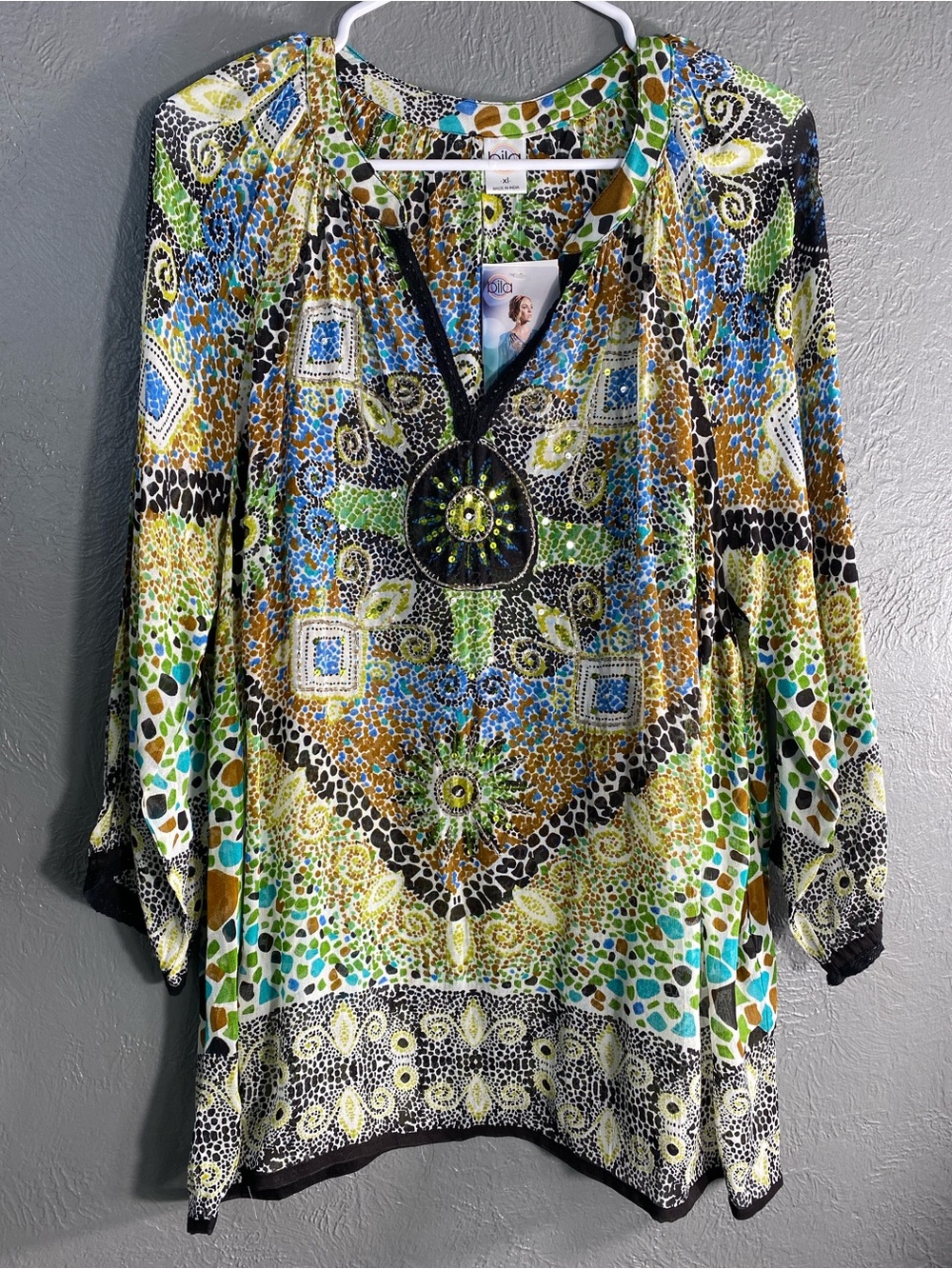 Bila Tunic Top Womens XL NWT Green Paisley Boho Bell Sleeve Made in India
